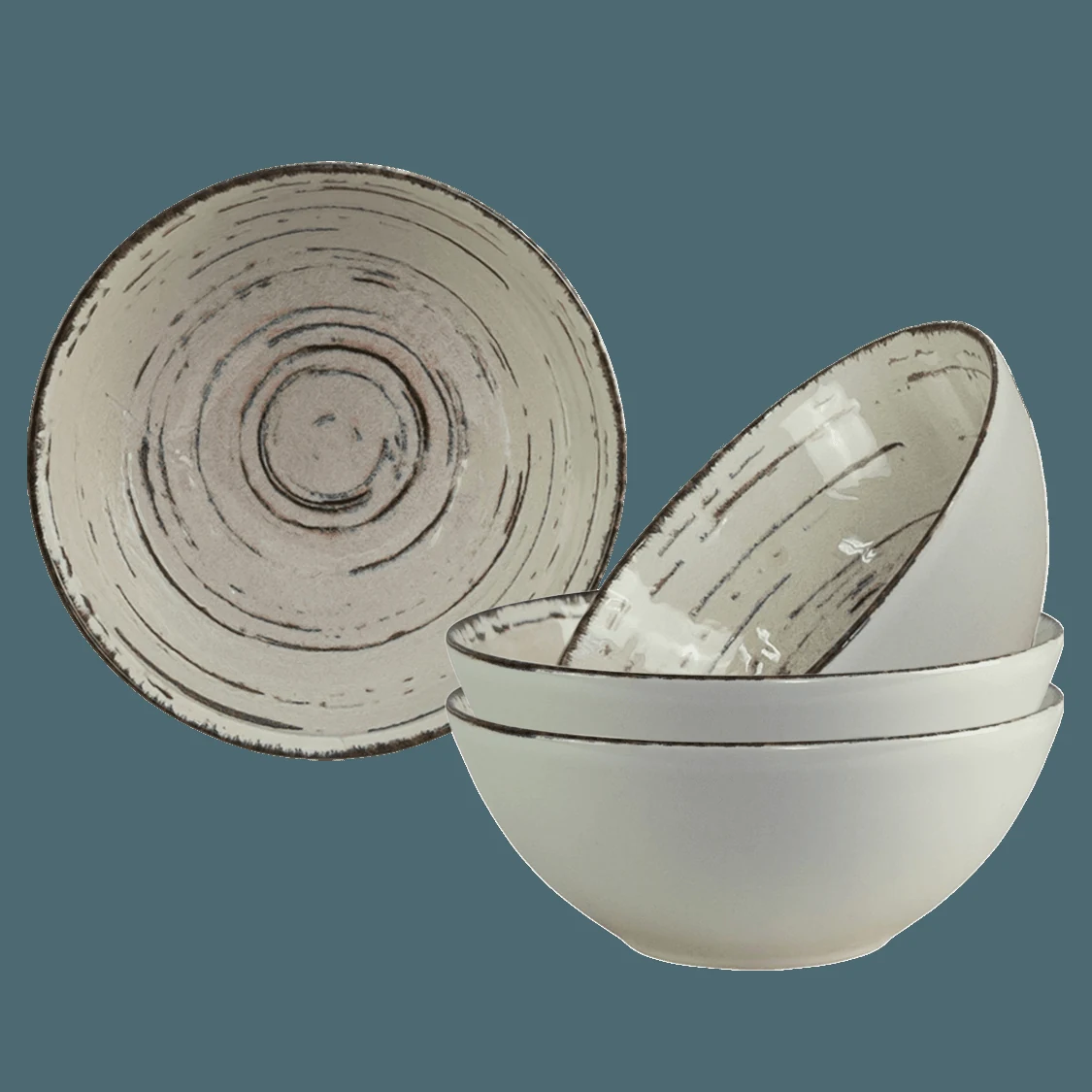 Set 4 bowls, 600 ml, stone, white ivoire with linii brown