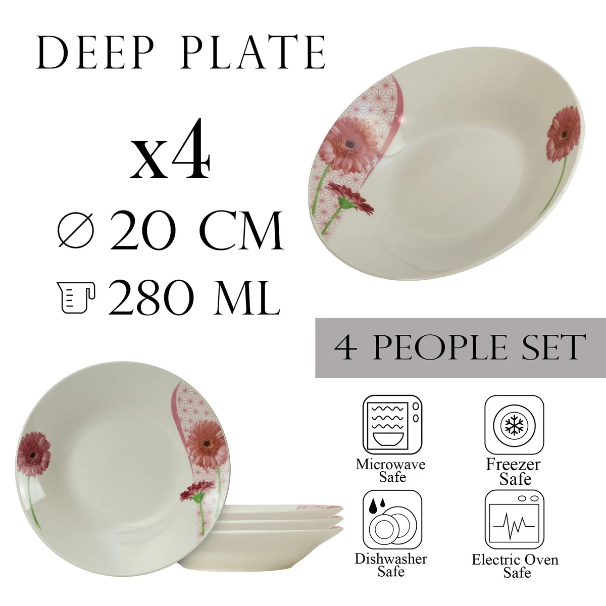 Set farfurii adanci ivoire si margarete, 4 piese, 20 cm x 280 ml, imagine 2