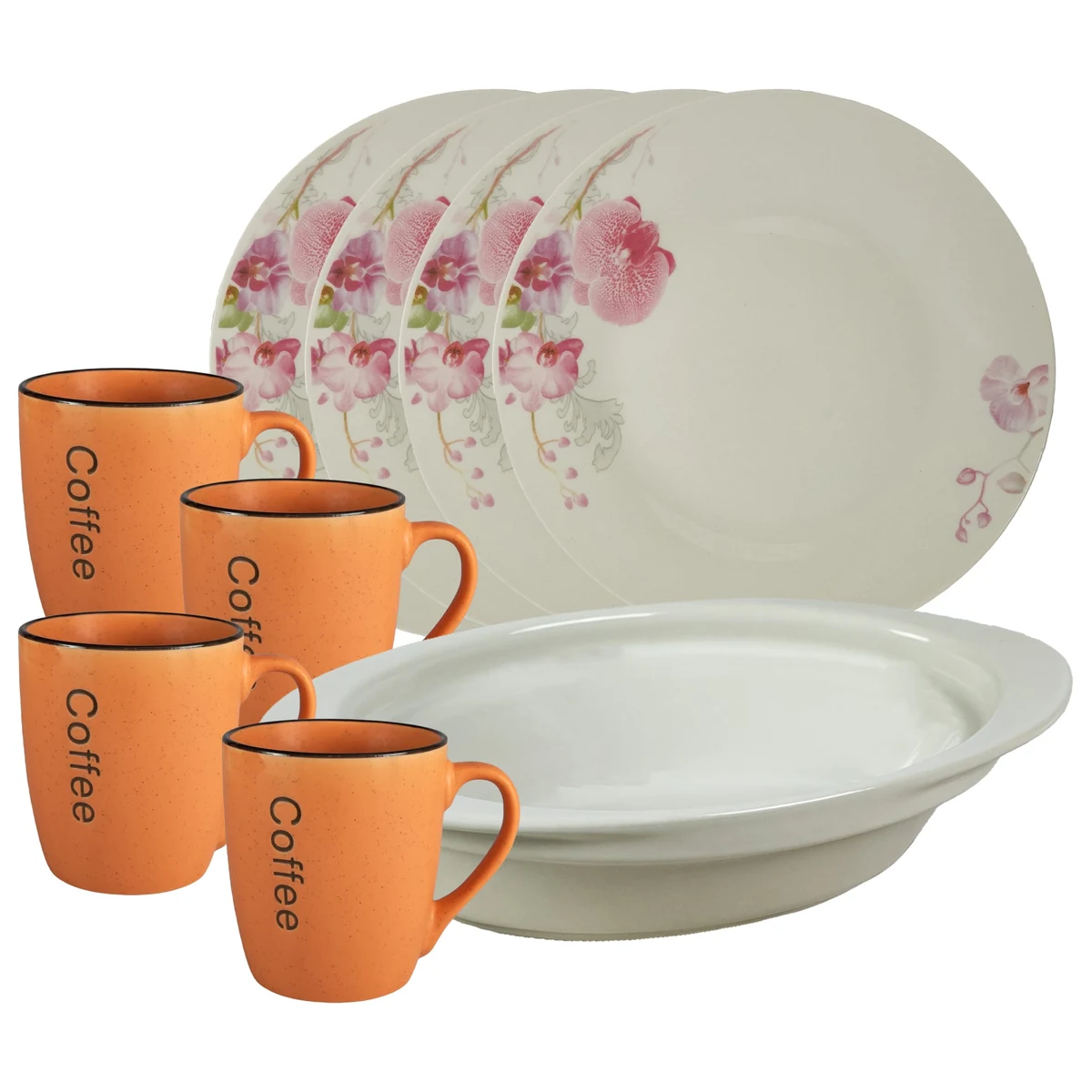 Set masa 4 pers., 9 piese, mug portocalie, plate intinsa, tray termorezistenta, porcelain orhidee deco.