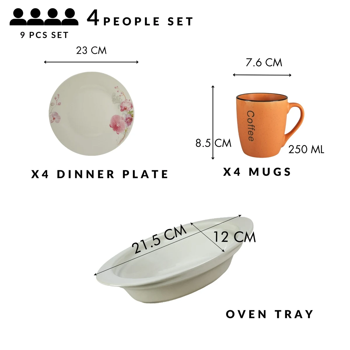 Set masa 4 pers., 9 piese, cana portocalie, farfurie intinsa, tava termorezistenta, portelan orhidee deco., imagine 2