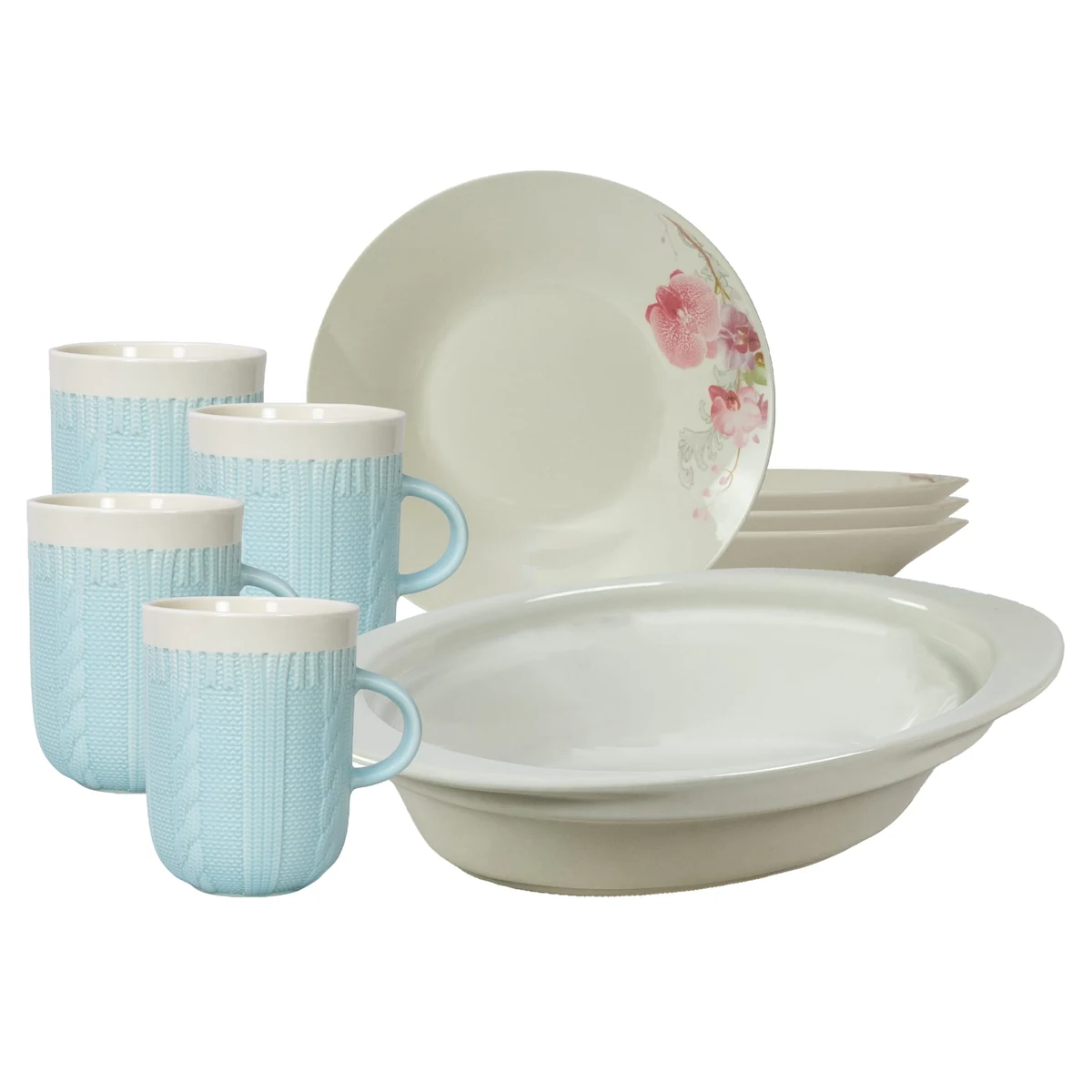 Set veselă completă, 4 pers., 9 piese, cană albastră, farfurie adâncă, tavă termorezistentă, Portelan Orhidee deco.