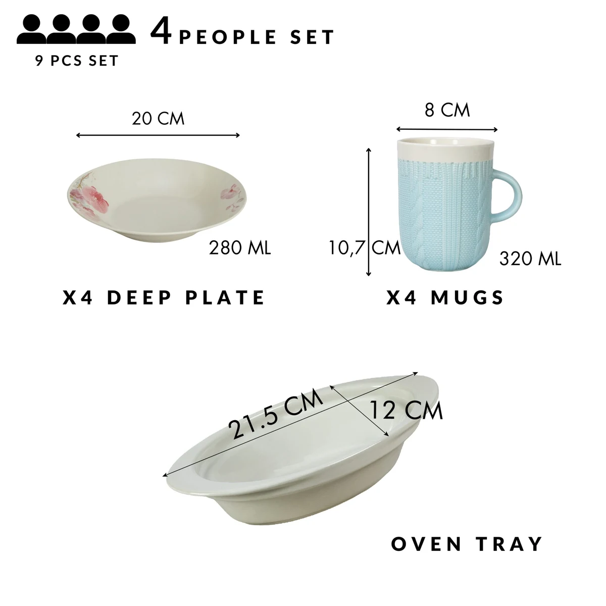Set veselă completă, 4 pers., 9 piese, cană albastră, farfurie adâncă, tavă termorezistentă, portelan orhidee deco., imagine 2