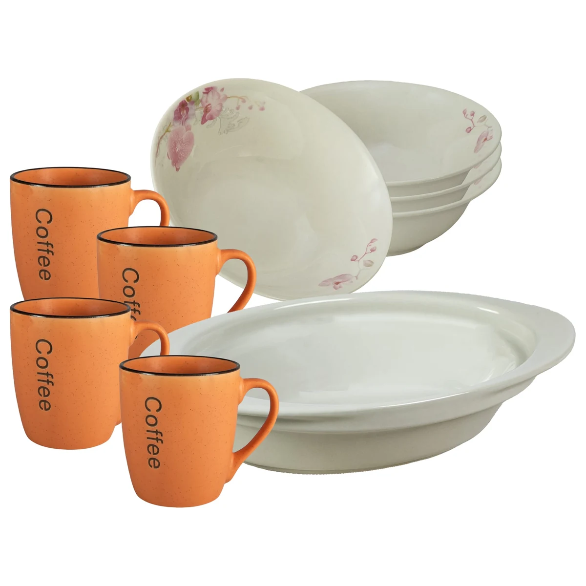 Set masa 4 pers, 9 piese, mug portocalie, bowl, tray termorezistenta, porcelain orhidee