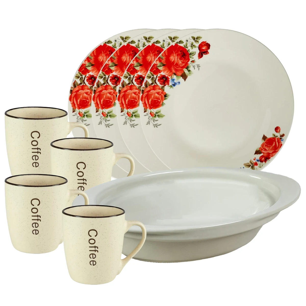 Set masa 4 pers, 9 piese, mug cream, plate, tray termorezistenta, porcelain with trandafiri rosii