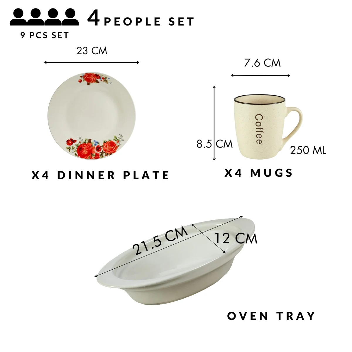 Set masa 4 pers, 9 piese, cana crem, farfurie, tava termorezistenta, portelan cu trandafiri rosii, imagine 2