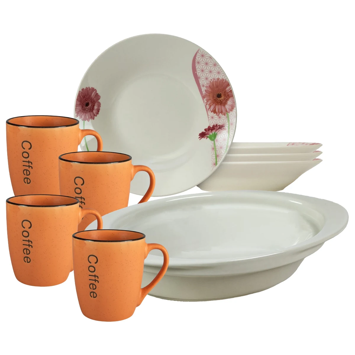 Set masa 4 pers, 9 piese, mug portocalie, plate deep, tray termorezistenta, porcelain with margareta