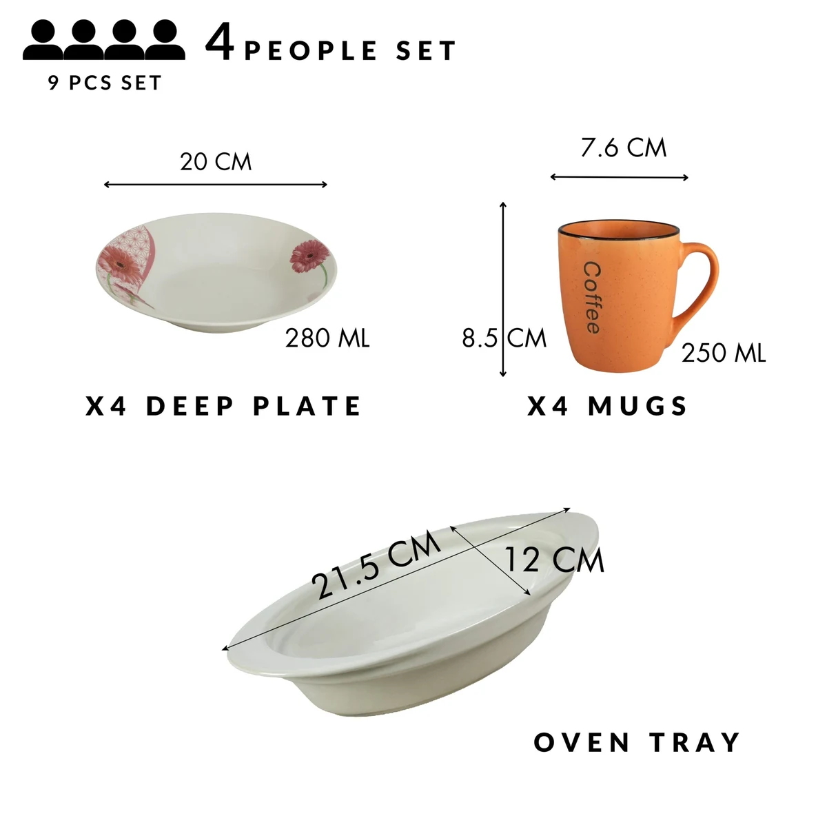 Set masa 4 pers, 9 piese, cana portocalie, farfurie adanca, tava termorezistenta, portelan cu margareta, imagine 2