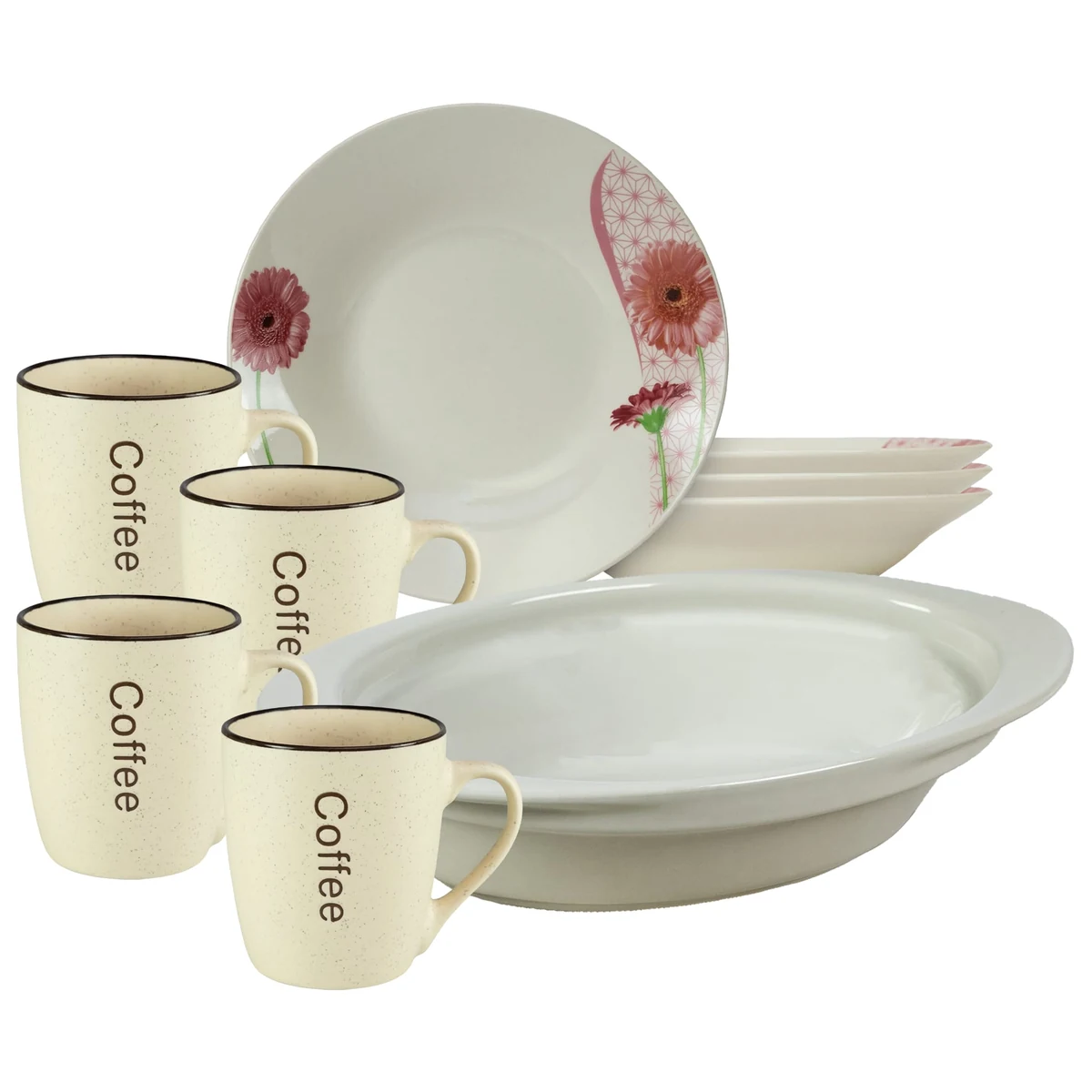Set masa 4 pers, 9 piese, mug cream, plate deep, tray termorezistenta, porcelain with margareta