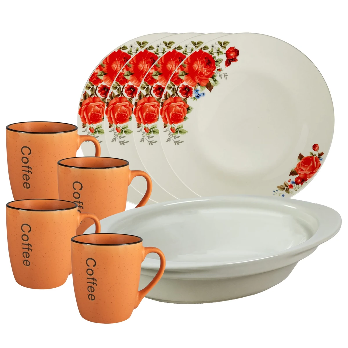 Set masa 4 pers, 9 piese, mug portocalie, plate intinsa, tray termorezistenta, porcelain with trandafiri rosii