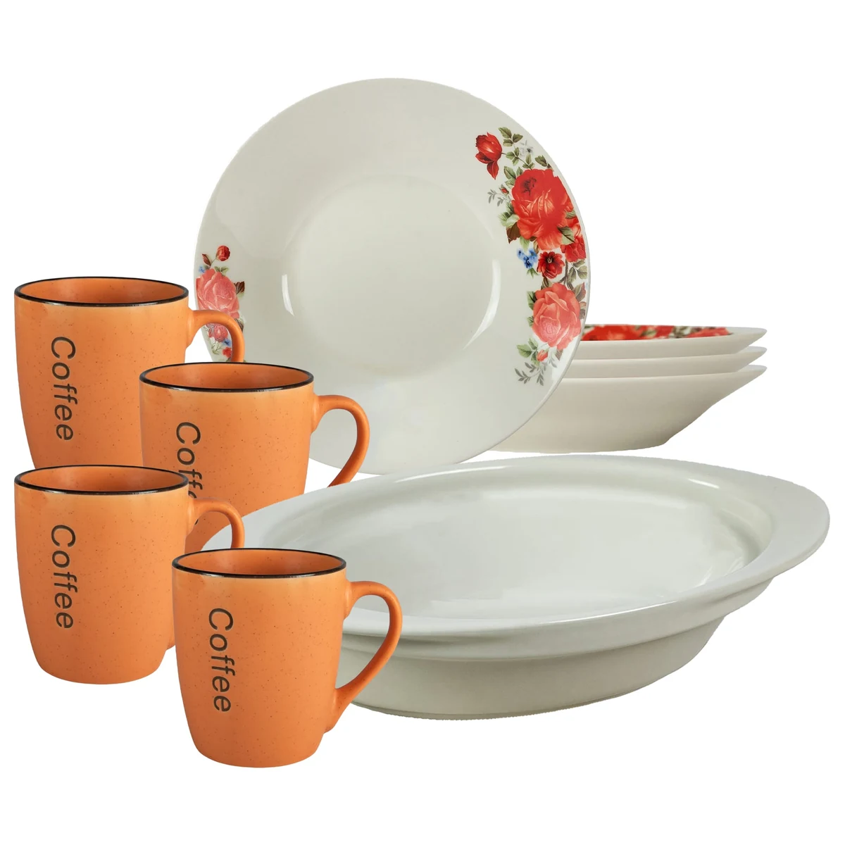 Set masa 4 pers, 9 piese, mug portocalie, plate deep, tray termorezistenta, porcelain with trandafiri rosii