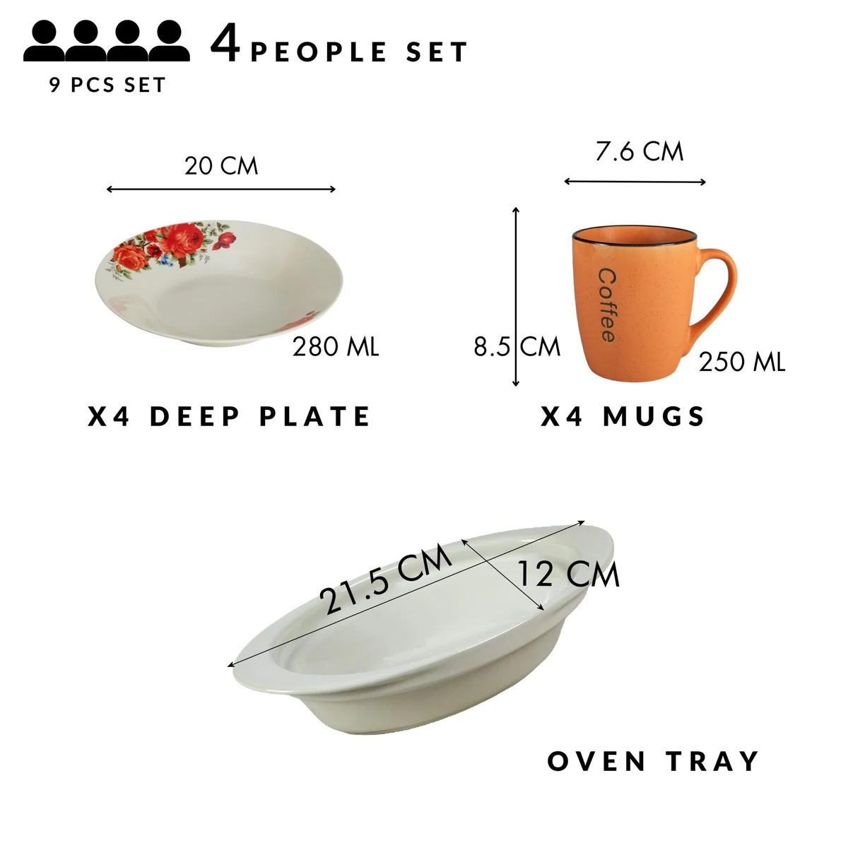 Set masa 4 pers, 9 piese, cana portocalie, farfurie adanca, tava termorezistenta, portelan cu trandafiri rosii, imagine 2