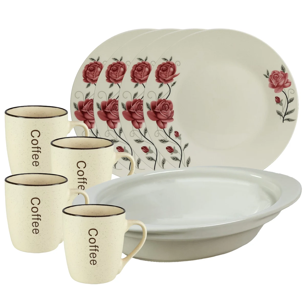 Set masa 4 pers., 9 piese, mug cream, plate intinsa, tray termorezistenta, porcelain trandafiri pink