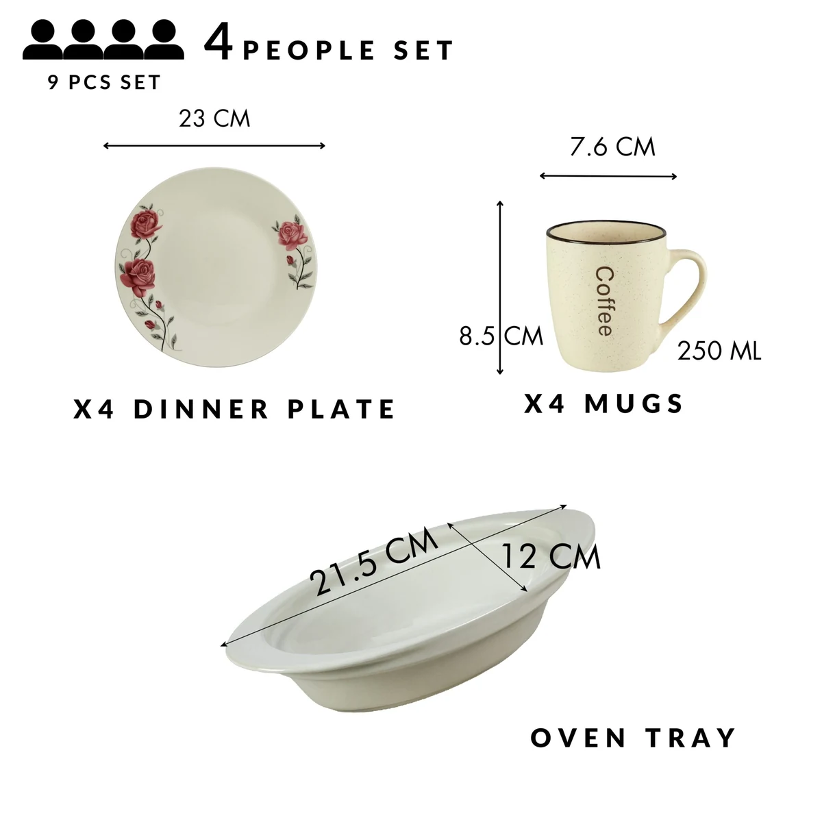 Set masa 4 pers., 9 piese, cana crem, farfurie intinsa, tava termorezistenta, portelan trandafiri roz, imagine 2