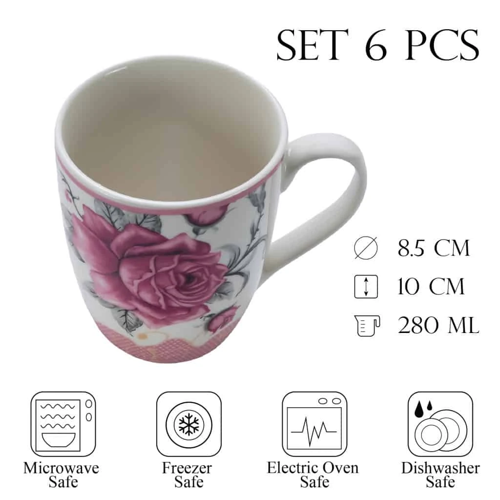 Set 6 cesti alb cu trandafir roz, imagine 2