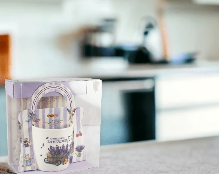 Cana 350 ml, alb cu design carucior de lavanda, imagine 4