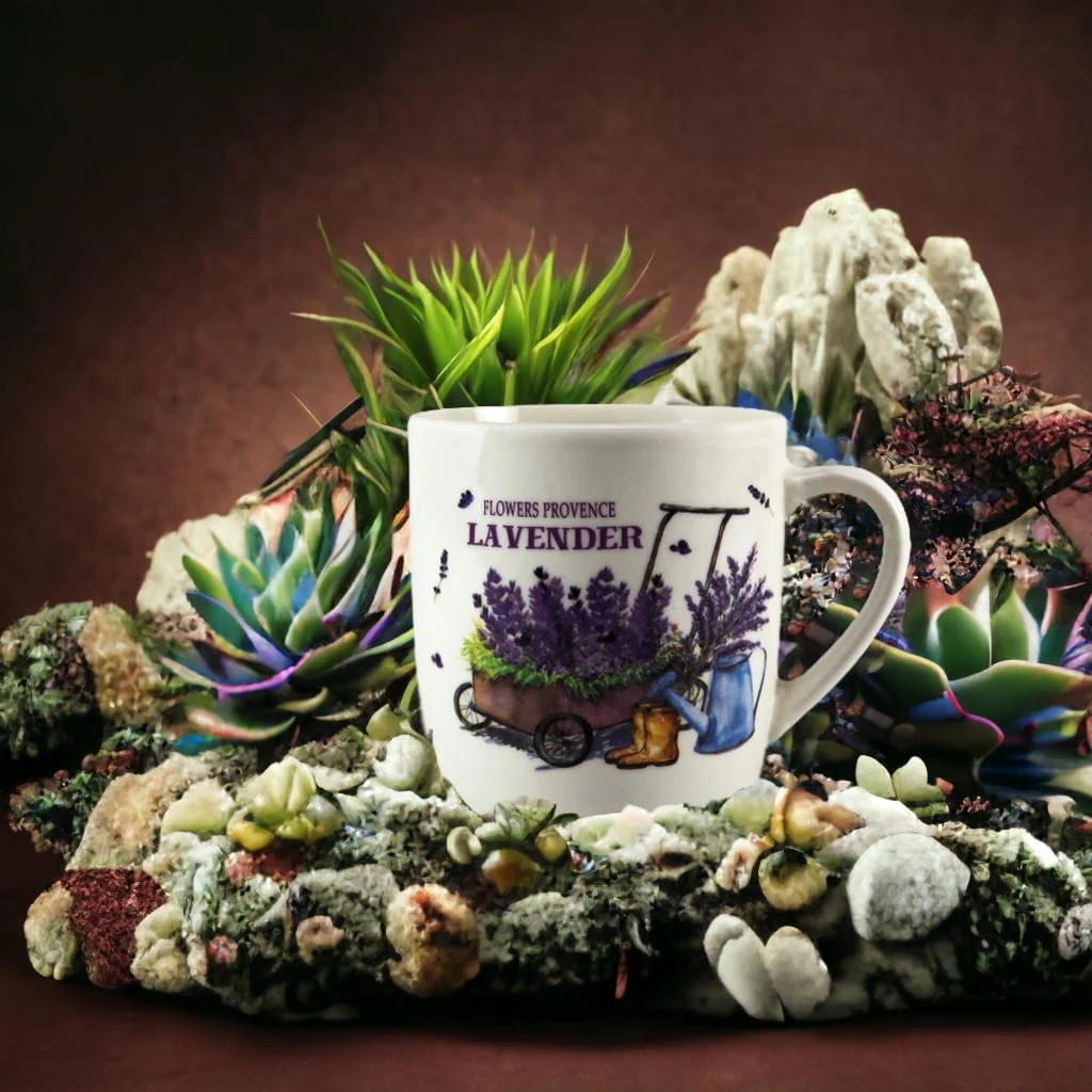 Cana 350 ml, alb cu design carucior de lavanda, imagine 5