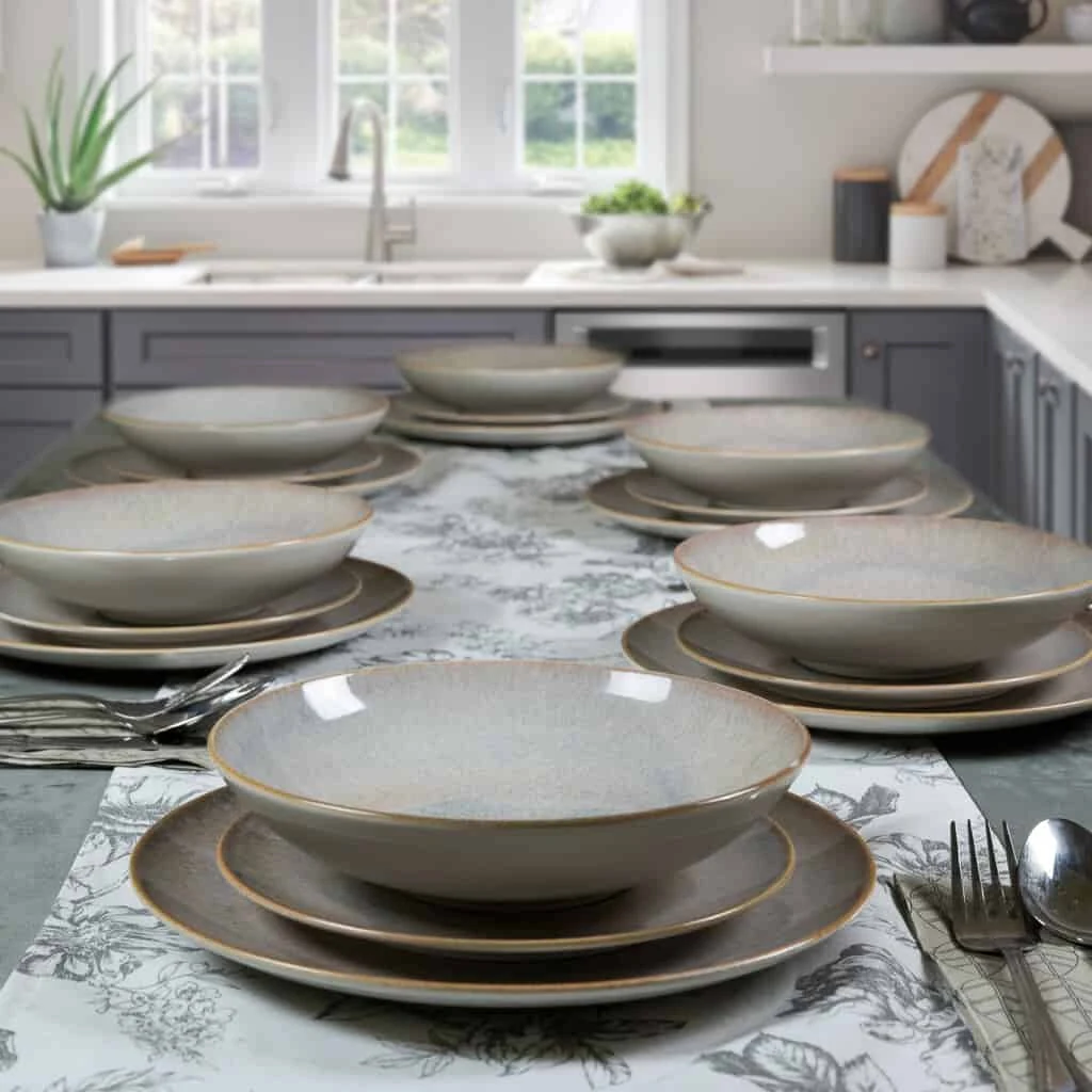 Set farfurii 18 piese, 6 persoane, shell, crem cu margine maro, imagine 7