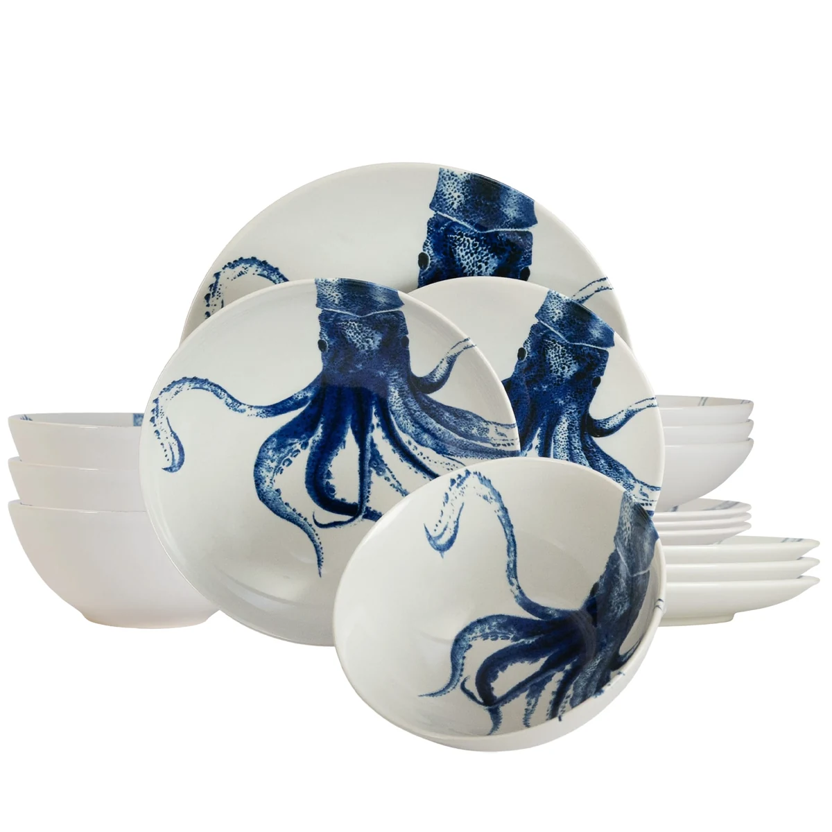 Set plates 16 piese, pentru 4 persoane, dansul tentaculelor, white decor meduza