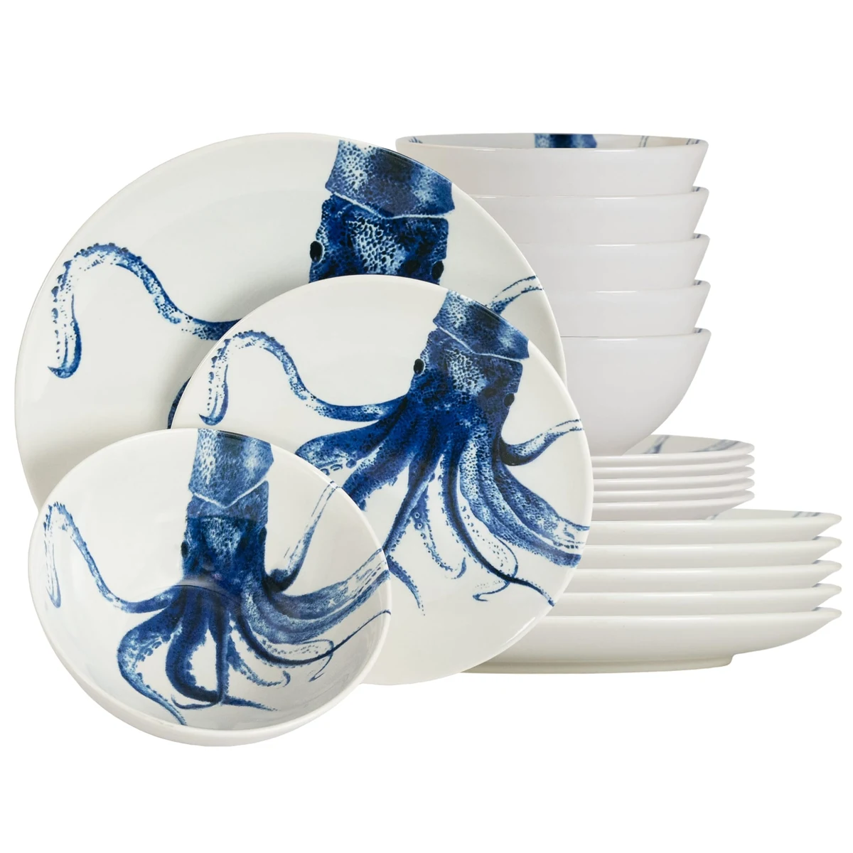 Set plates 18 piese, 6 persoane, dansul tentaculelor, white glossy, decor meduza