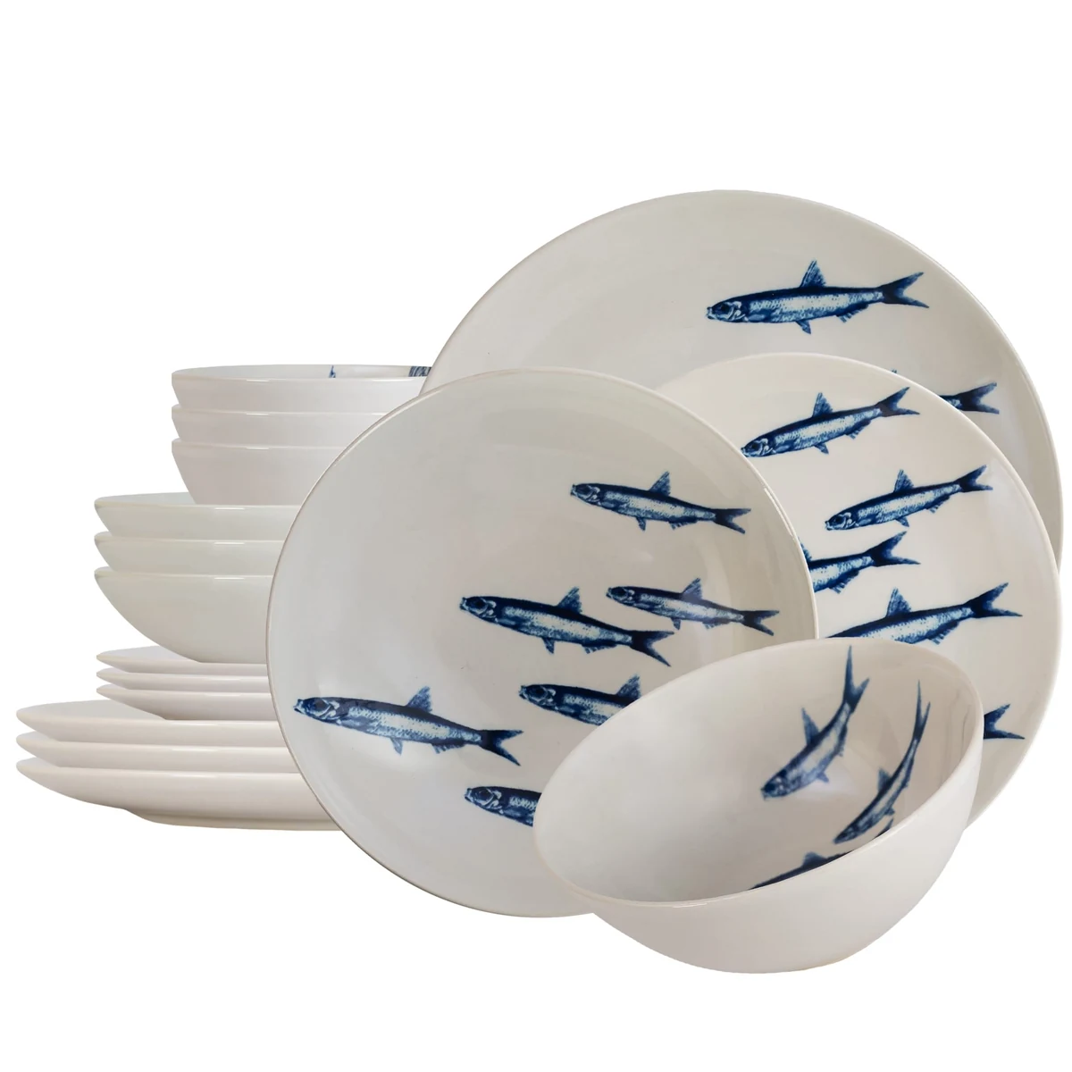 Set plates 16 piese, 4 persoane, eleganta marina, white sardine deco