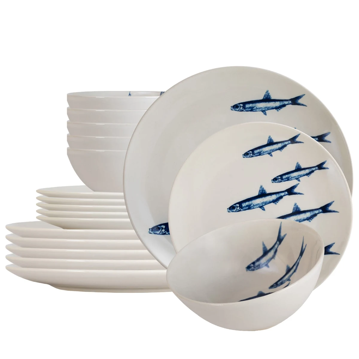 Set plates 18 piese, 6 persoane, eleganta marina, white decor sardine