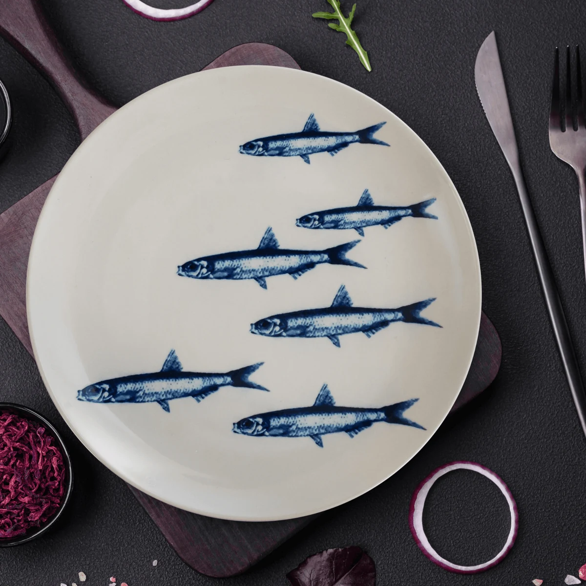 Set farfurii 18 piese, 6 persoane, eleganta marina, alb decor sardine, imagine 4