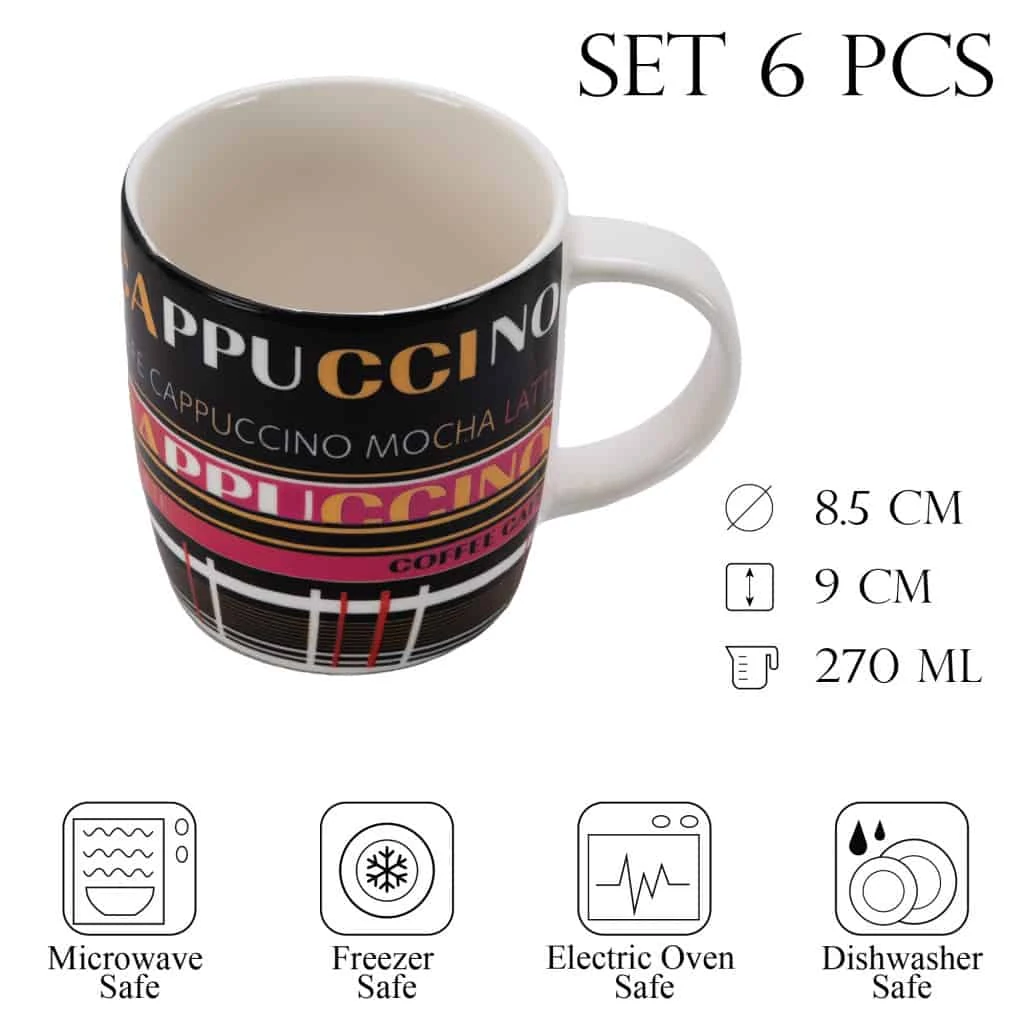Set 6 cesti decor coffee, 270 ml, alb/negru, imagine 2