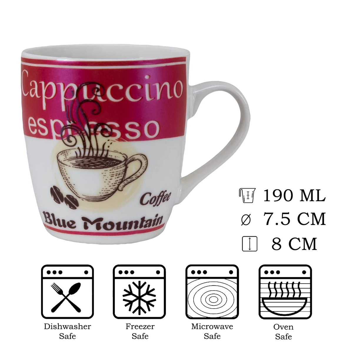Set 6 cesti CESIRO, 190 ml, alb/fucsia decor coffee, imagine 2