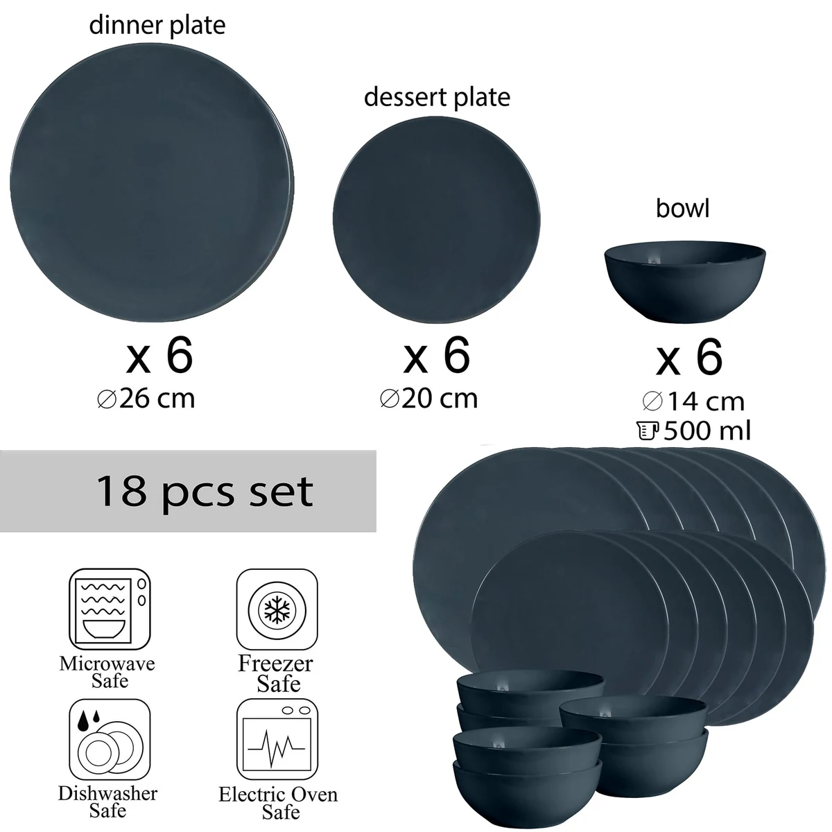 Set farfurii 18 piese, 6 persoane, anthracite, gri lucios, imagine 2