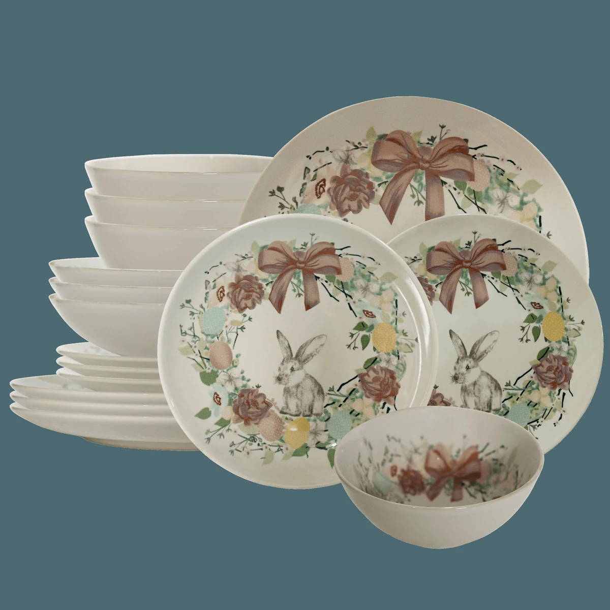 Set plates, 16 piese, CESIRO, decor iepuras