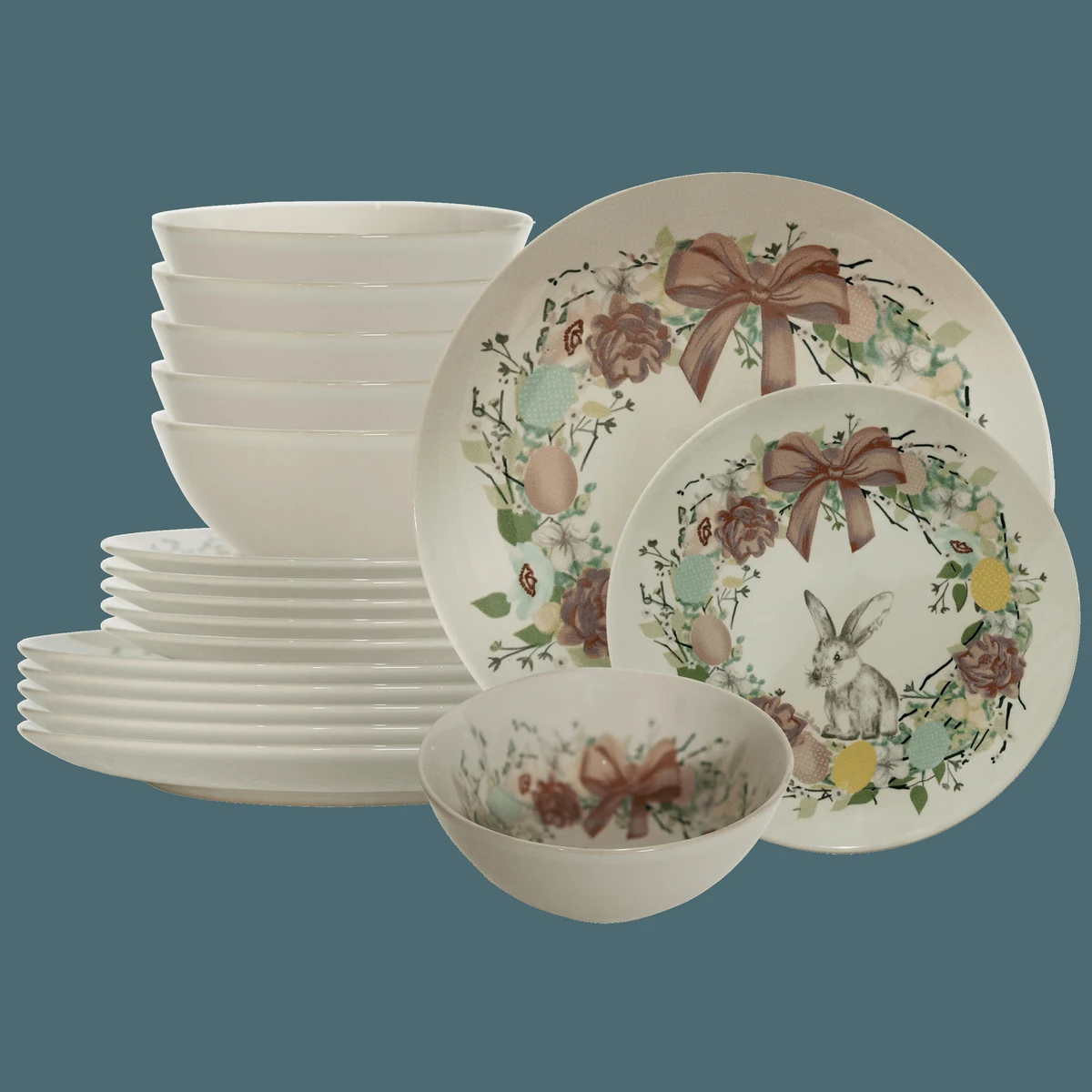 Set plates, 18 piese, CESIRO, decor iepuras de paste