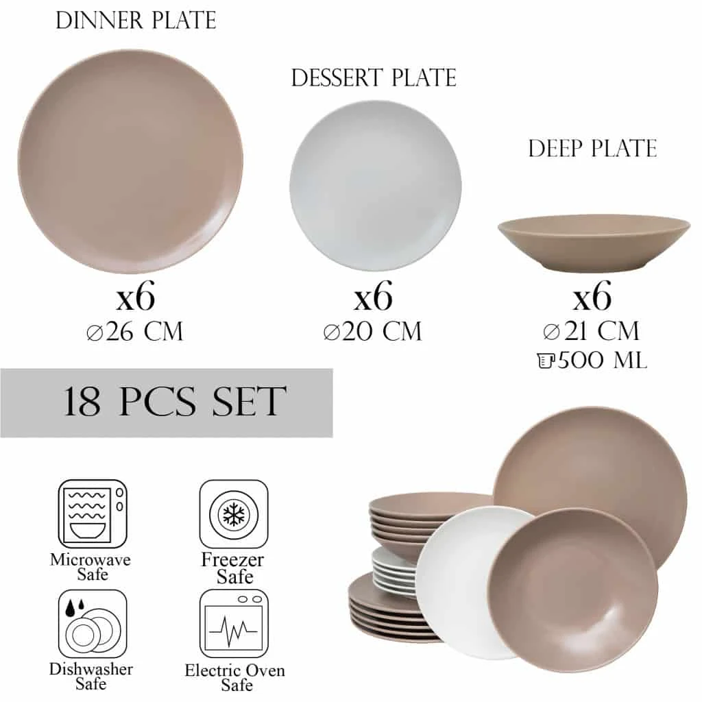 Set farfurii 18 piese, 6 persoane, caffee latte, alb/maro mat, imagine 2