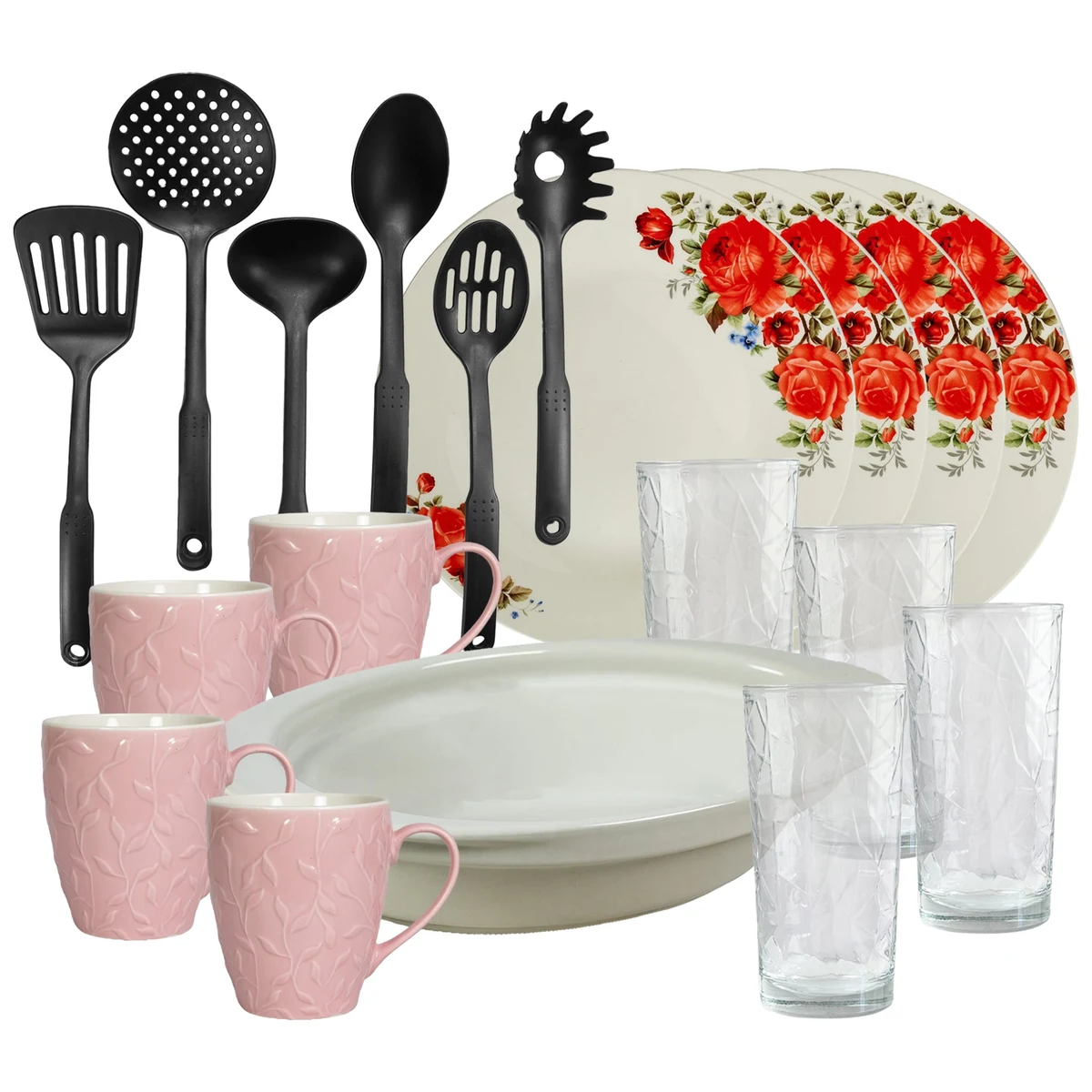 Set masa 4 pers., 19 piese, Becher rosa 370 ml, Teller, Tablett termo, Utensilien, pahare Glas, Porzellan mit trandafiri rosii