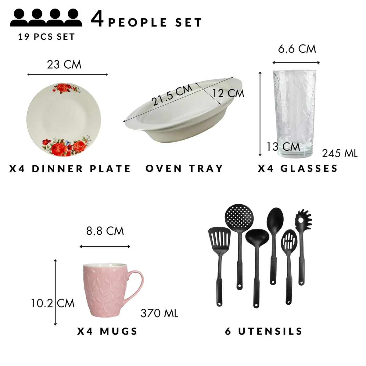 Set masa 4 pers., 19 piese, cana roz 370 ml, farfurie, tava termo, ustensile, pahare sticla, portelan cu trandafiri rosii, imagine 2