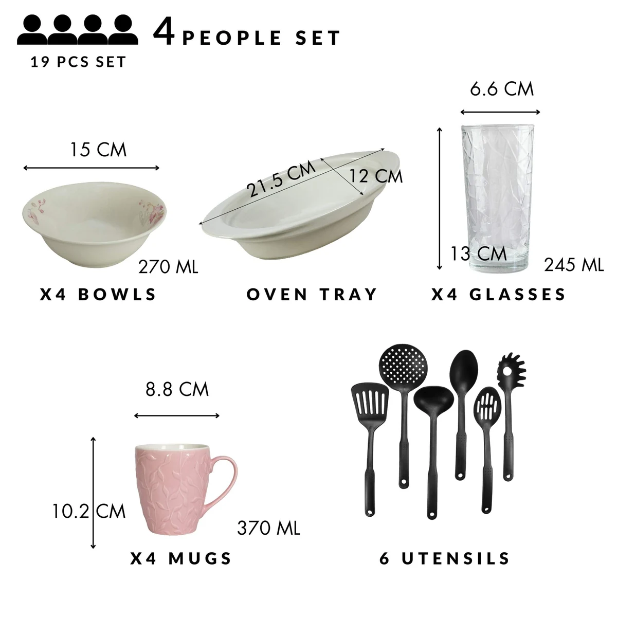 Set masa 4 pers., 19 piese, cana roz 370 ml, bol, tava termo, ustensile, pahare sticla, portelan orhidee, imagine 2