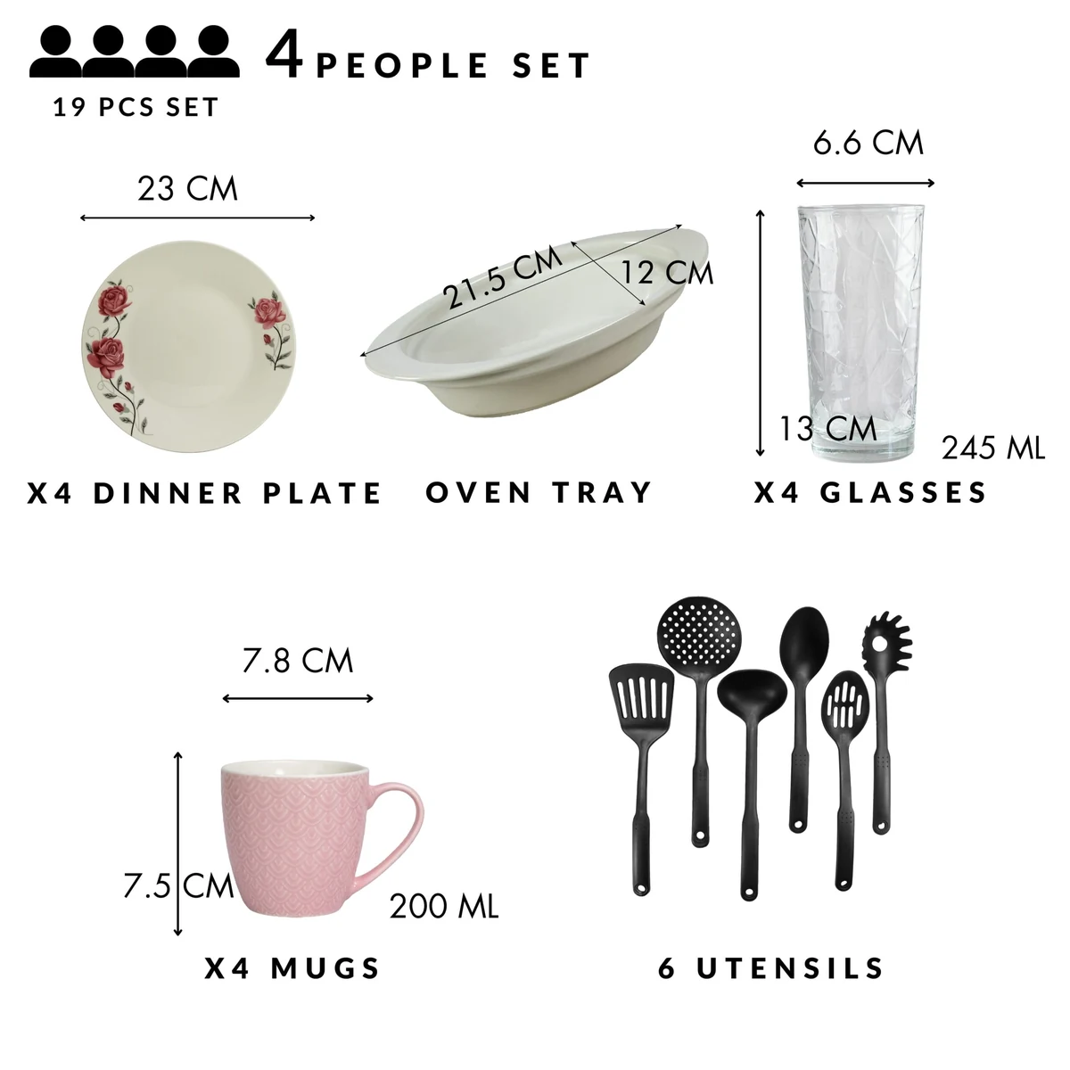 Set masa 4 pers, 19 piese, cana roz 200 ml, farfurie, tava termo, ustensile, pahare sticla, portelan trandafiri roz, imagine 2