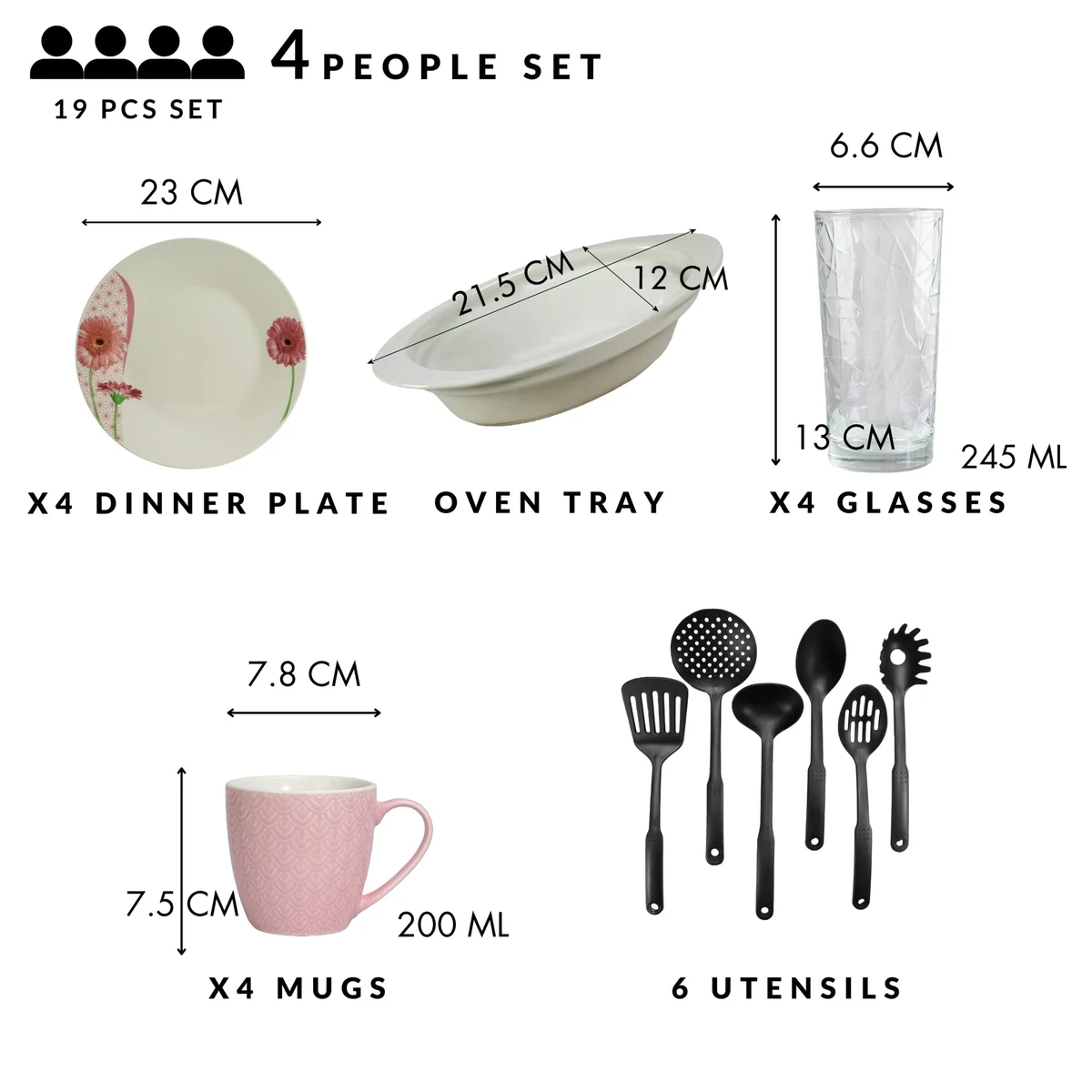 Set masa 4 pers, 19 piese, cana roz 200ml, farfurie, tava termo, ustensile, pahare sticla, portelan cu margareta, imagine 2