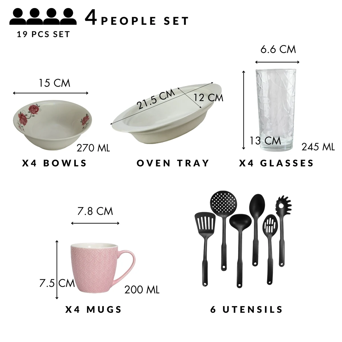 Set masa 4 pers, 19 piese, cana roz 200 ml, bol, tava termo, ustensile, pahare sticla, portelan trandafiri roz, imagine 2