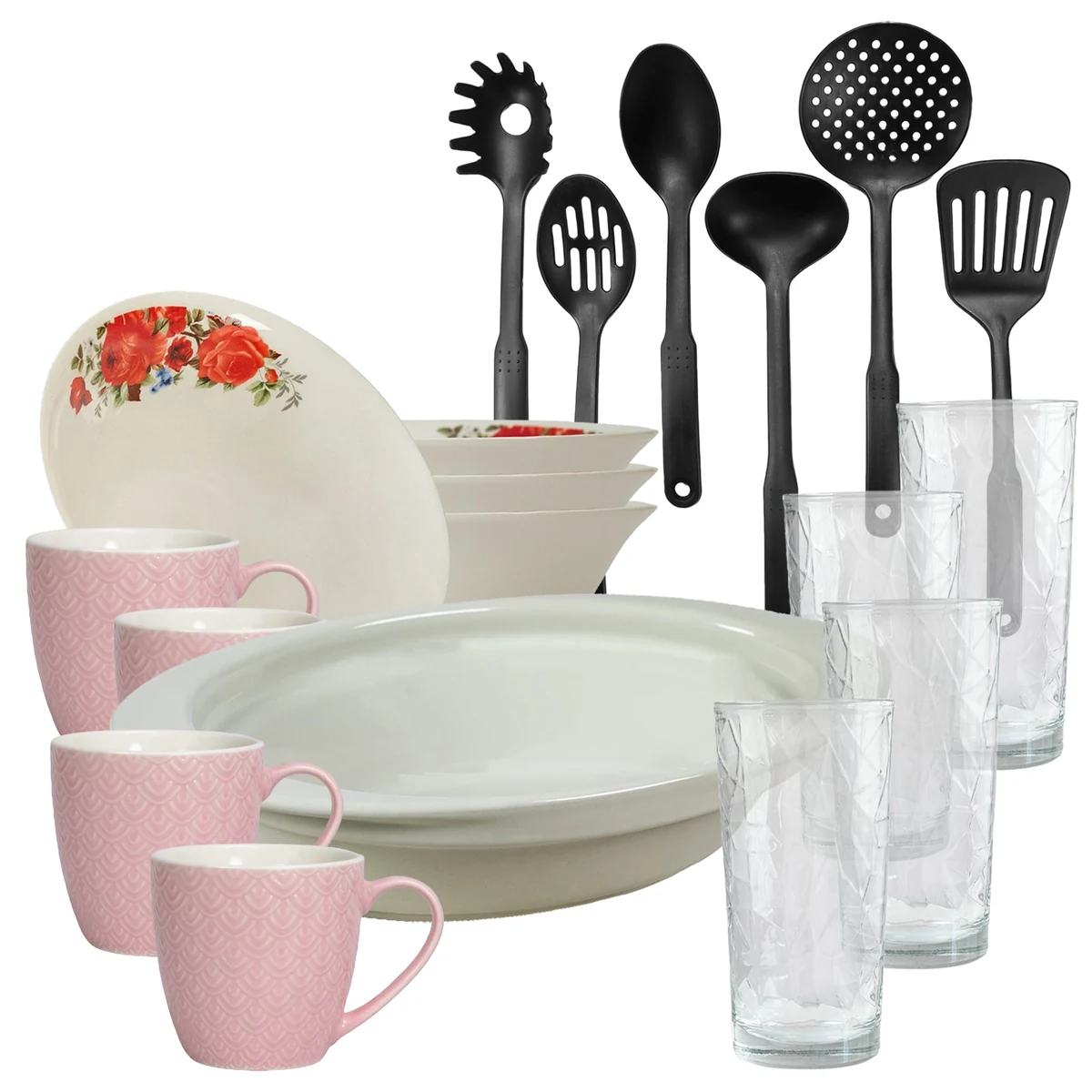 Set masa 4 pers., 19 piese, cana roz 200ml, bol, tava termo, ustensile, pahare sticla, Portelan Trandafiri rosii