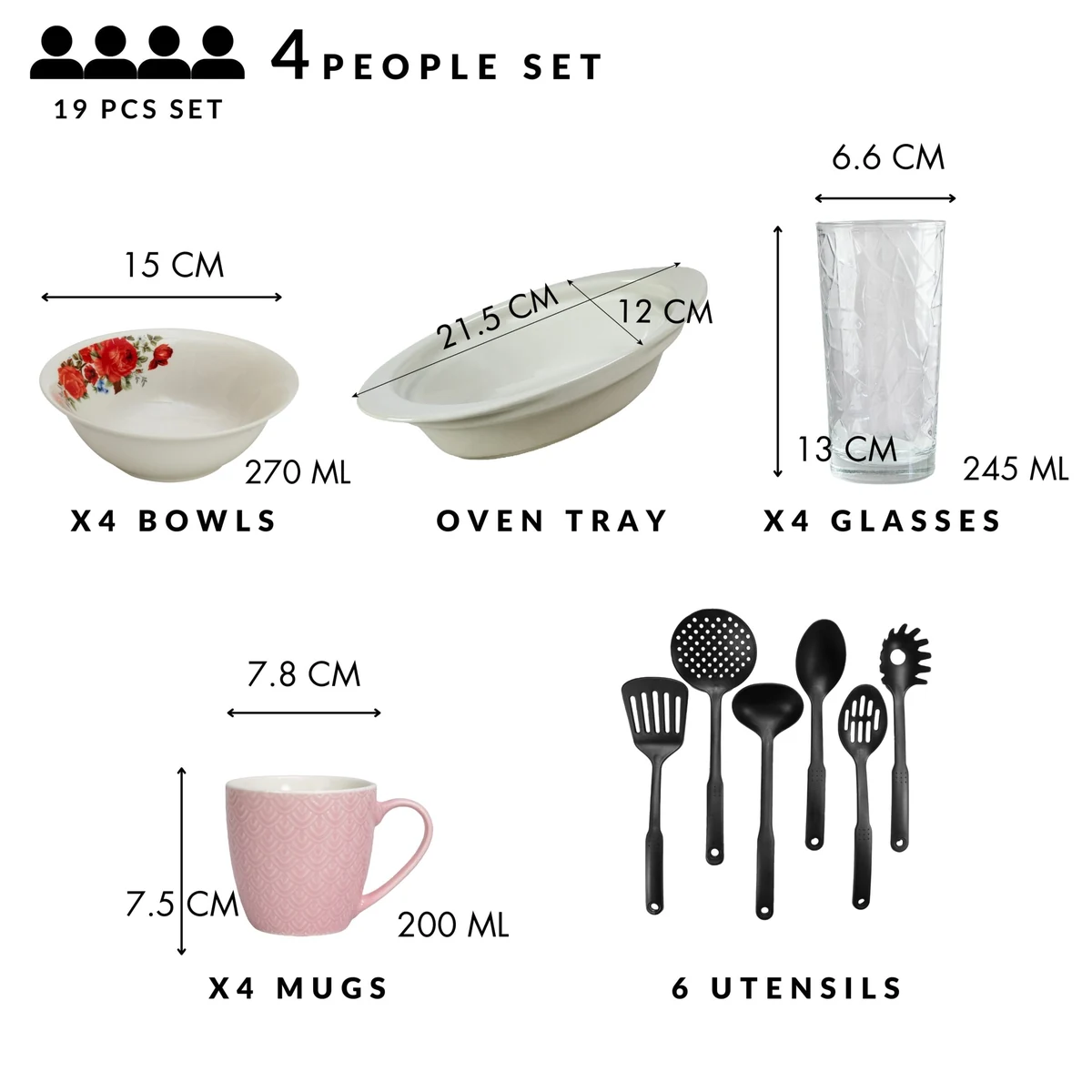 Set masa 4 pers., 19 piese, cana roz 200ml, bol, tava termo, ustensile, pahare sticla, portelan trandafiri rosii, imagine 2