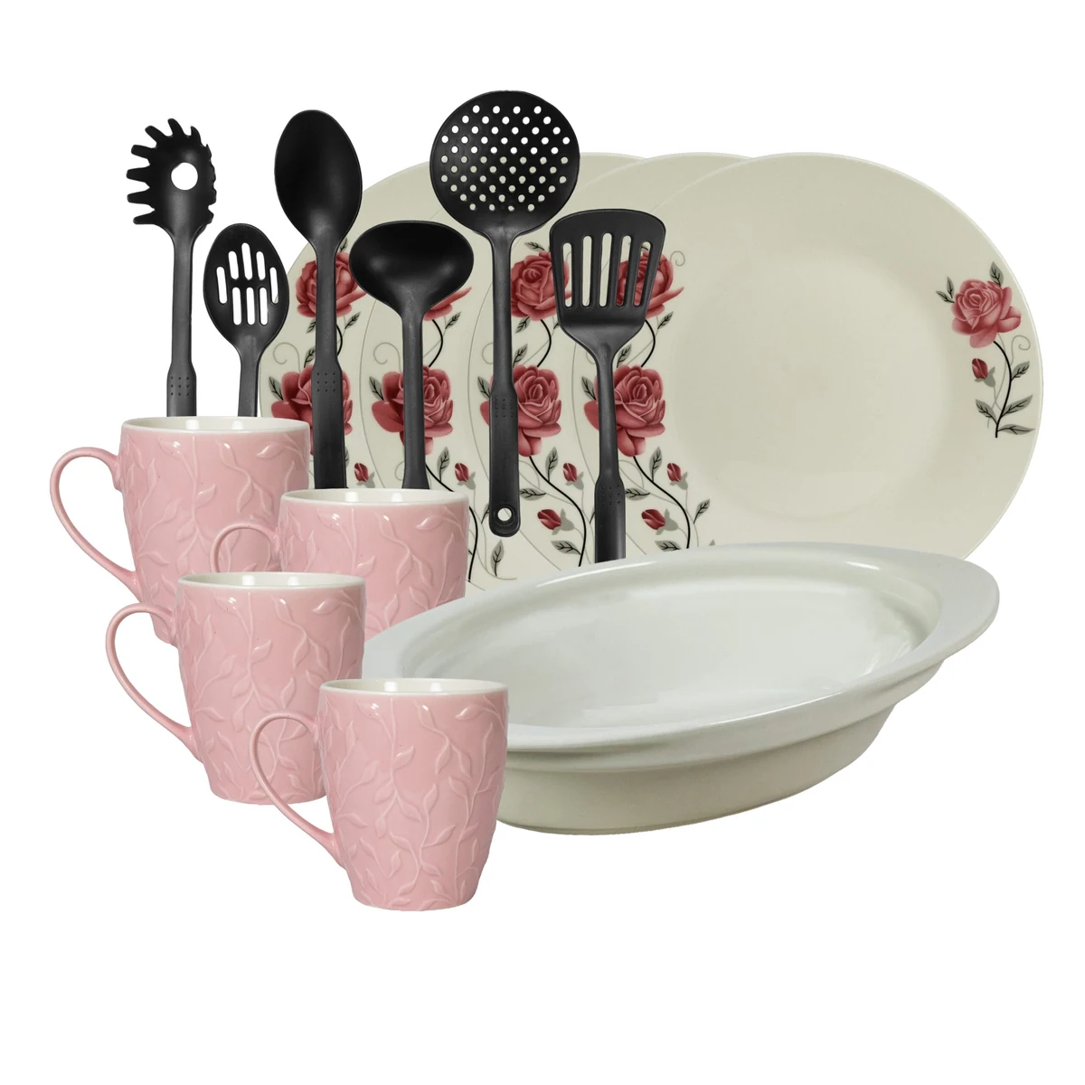 Set masa 4 pers, 15 piese, cana roz 370 ml, farfurie intinsa, tava termorezistenta, ustensile bucatarie, Portelan Trandafiri roz