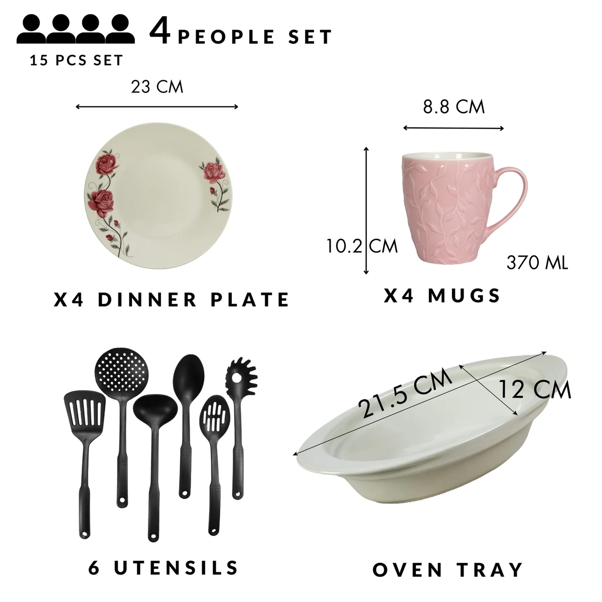 Set masa 4 pers, 15 piese, cana roz 370 ml, farfurie intinsa, tava termorezistenta, ustensile bucatarie, portelan trandafiri roz, imagine 2