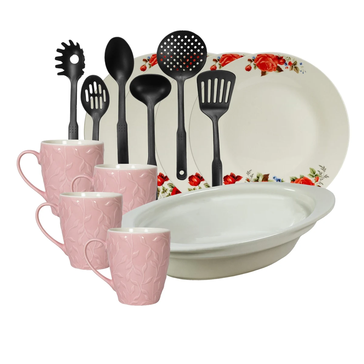 Set masa 4 pers, 15 piese, cana roz 370ml, farfurie, tava termorezistenta, ustensile, Portelan Trandafiri rosii