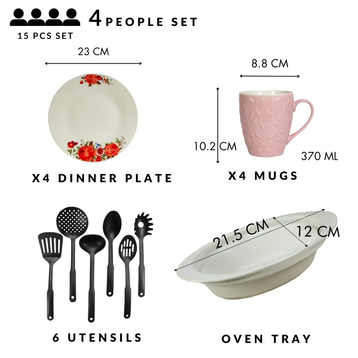 Set masa 4 pers, 15 piese, cana roz 370ml, farfurie, tava termorezistenta, ustensile, portelan trandafiri rosii, imagine 2