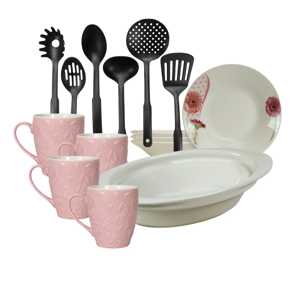 Set masa 4 pers, 15 piese, cana roz 370 ml, farfurie adanca, tava termorezistenta, ustensile bucatarie, Portelan Margareta