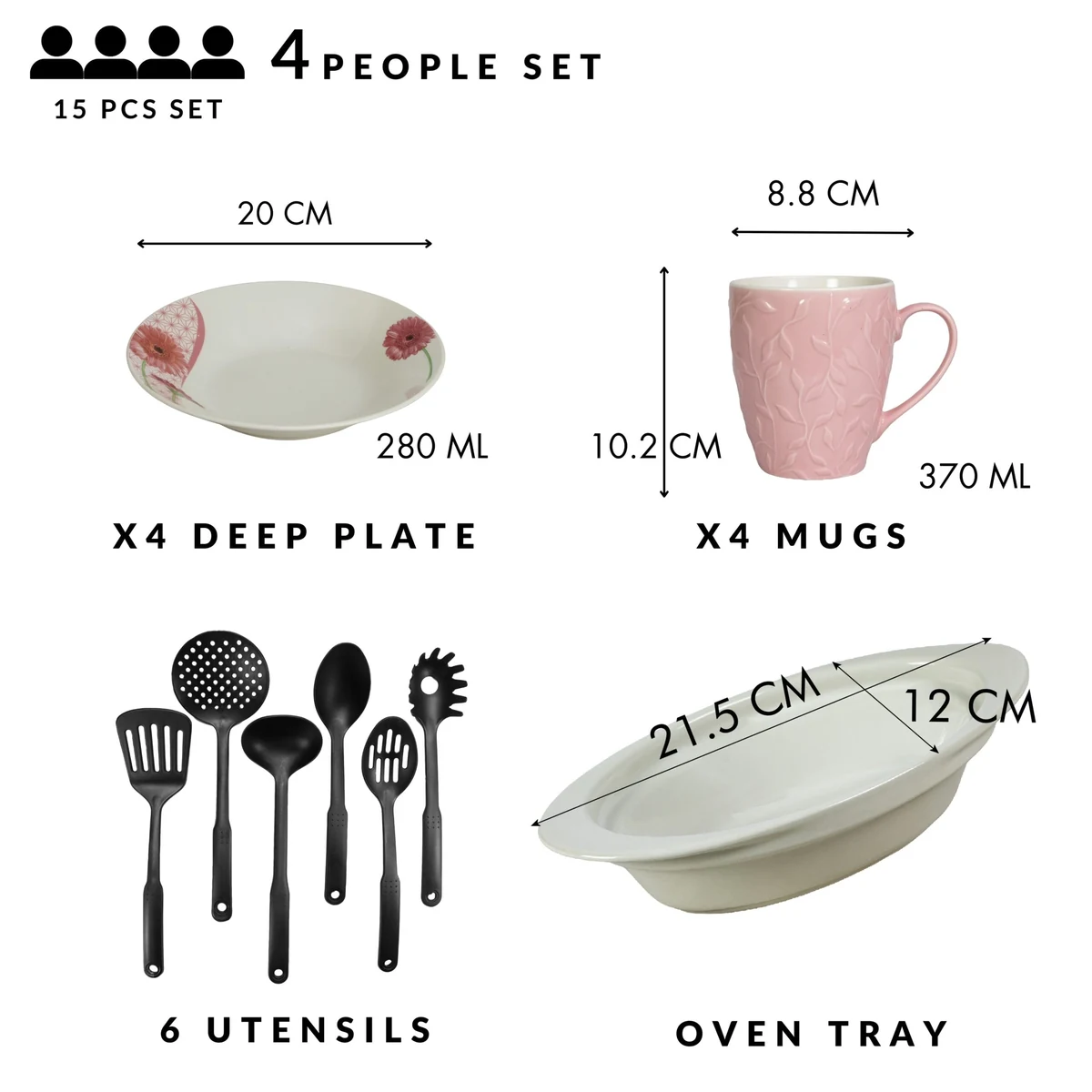 Set masa 4 pers, 15 piese, cana roz 370 ml, farfurie adanca, tava termorezistenta, ustensile bucatarie, portelan margareta, imagine 2