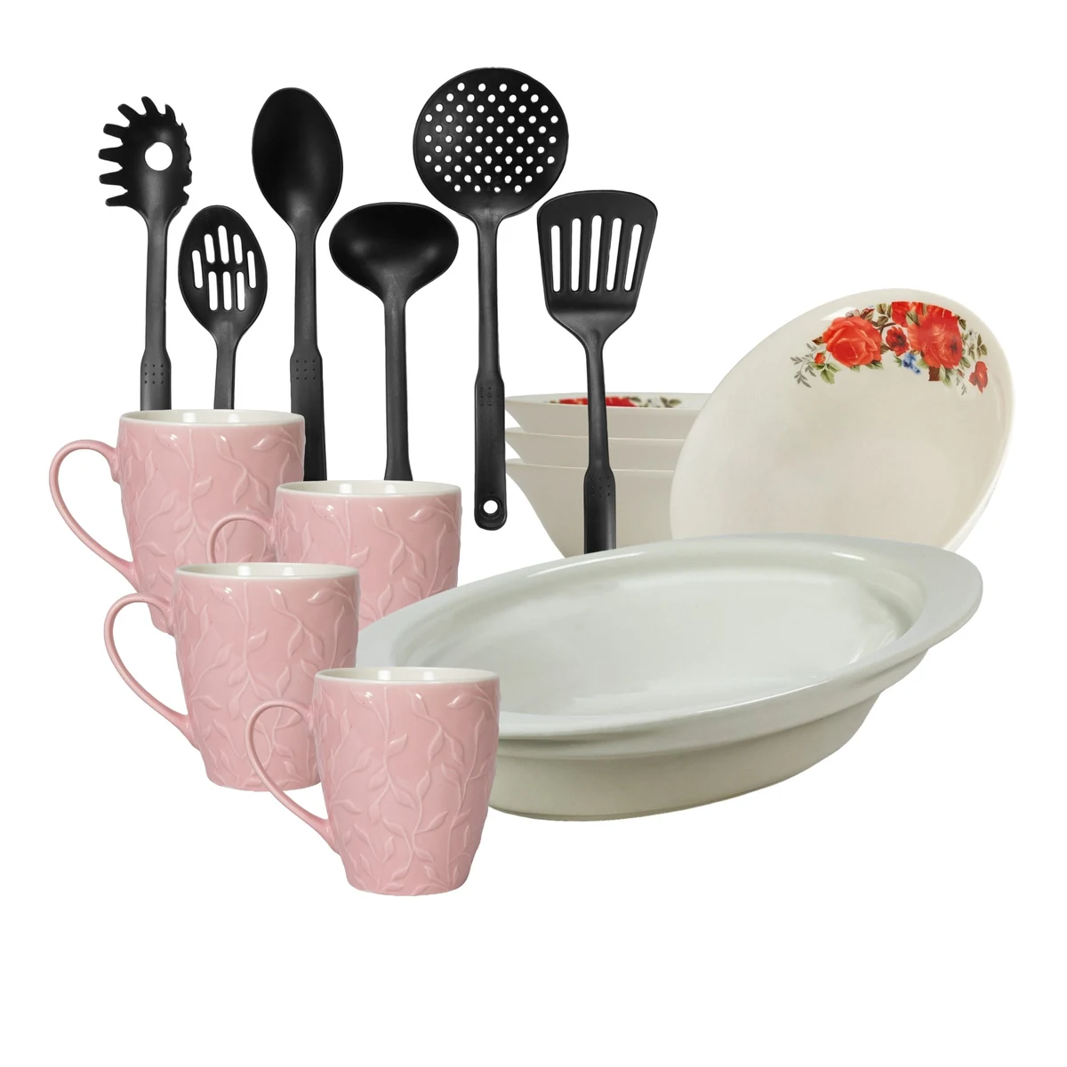 Set masa 4 pers, 15 piese, cana roz 370 ml, bol, tava termorezistenta, ustensile bucatarie, Portelan Trandafiri rosii