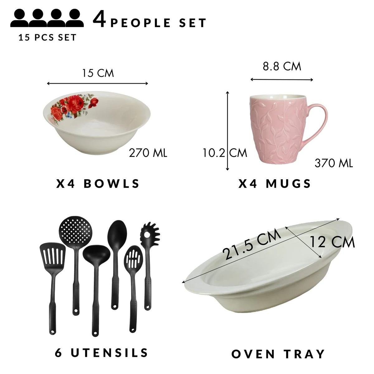 Set masa 4 pers, 15 piese, cana roz 370 ml, bol, tava termorezistenta, ustensile bucatarie, portelan trandafiri rosii, imagine 2