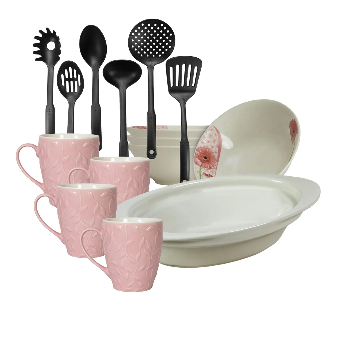 Set masa 4 pers., 15 piese, cana roz 370 ml, bol, tava termorezist., ustensile bucatarie, Portelan Margareta