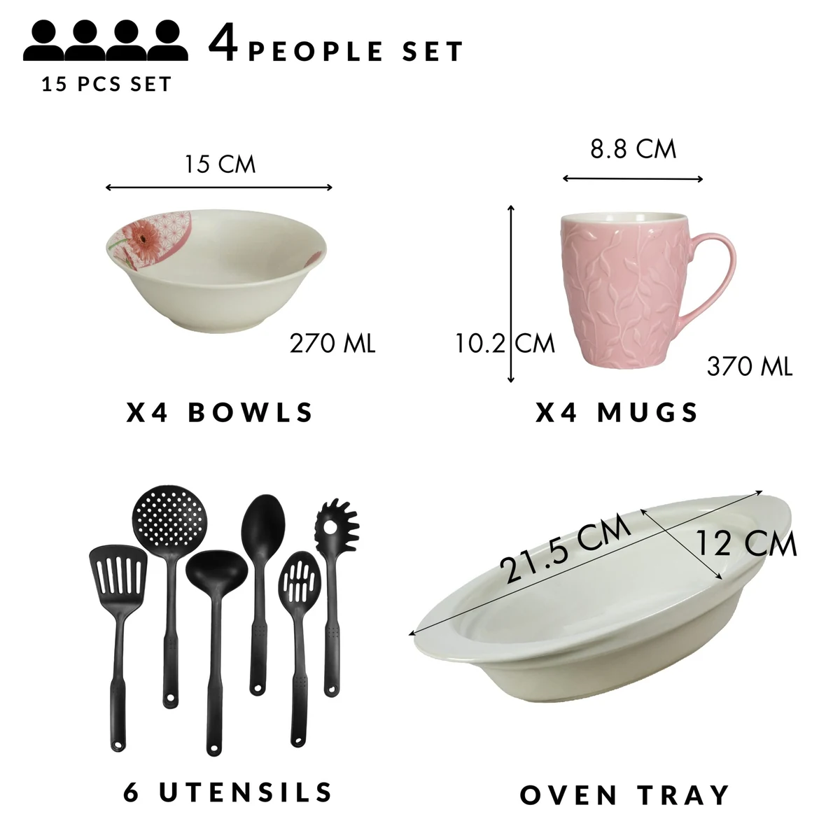Set masa 4 pers., 15 piese, cana roz 370 ml, bol, tava termorezist., ustensile bucatarie, portelan margareta, imagine 2
